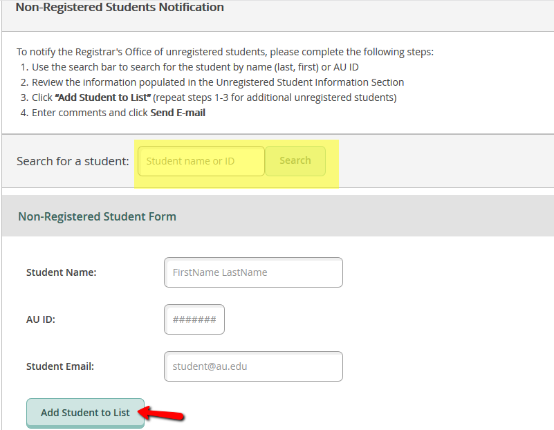Non-registered Student Add student to List Tab